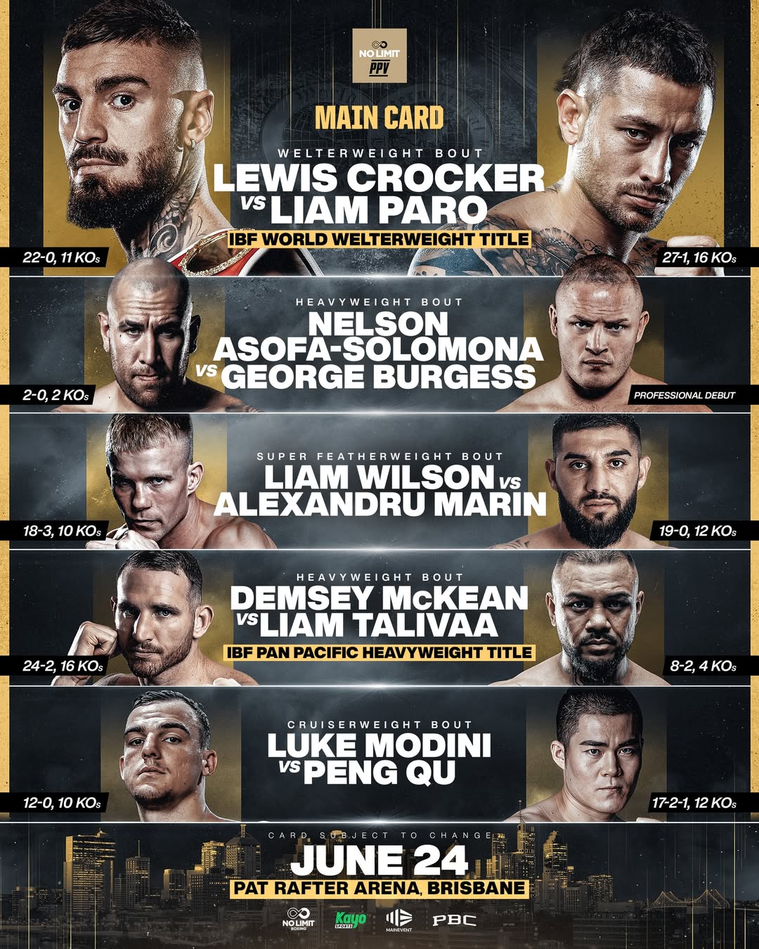 Liam Wilson vs Alexandru Marin. Super Featherweight Bout, June 24, Pat Rafter Arena, Brisbane Australia