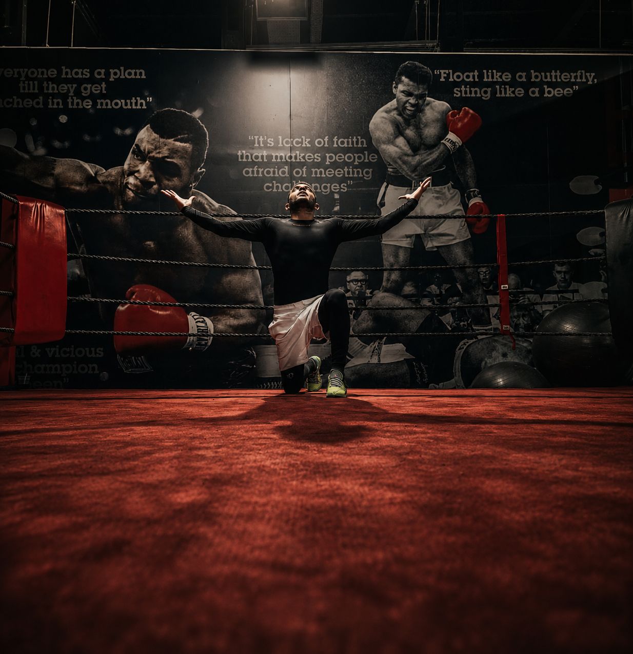 Alexandru Marin kneeling in the ring under legends of the sport